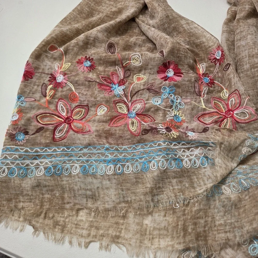 29 Palm Boho Embroidered Floral Scarf‎ Brown Indie Fringe Hippie Festival Wrap